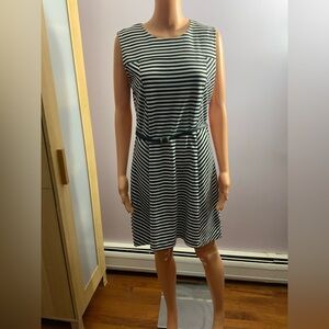 Michael Kors Black and White Striped Sleeveless Belted Mini Dress